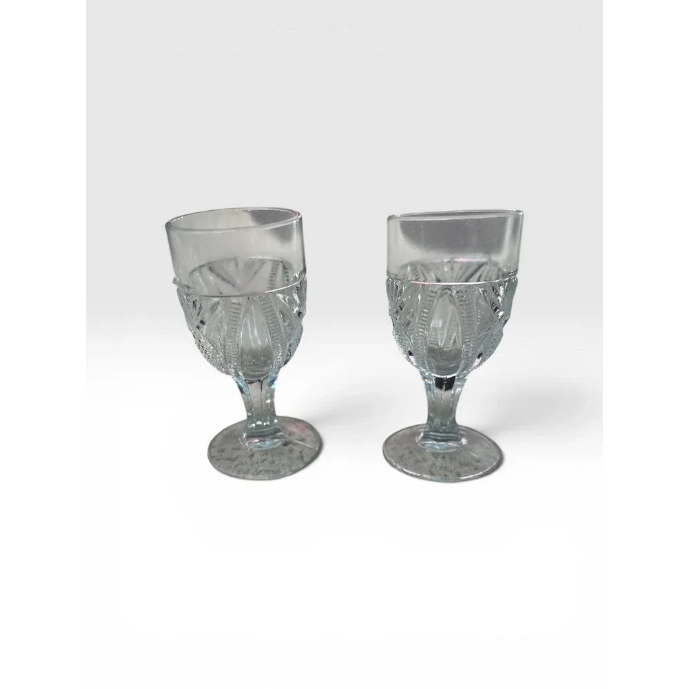 Vintage Clear Pressed Glass Cordial Liqueur Glasses Set of 2 Fan Diamond Pattern